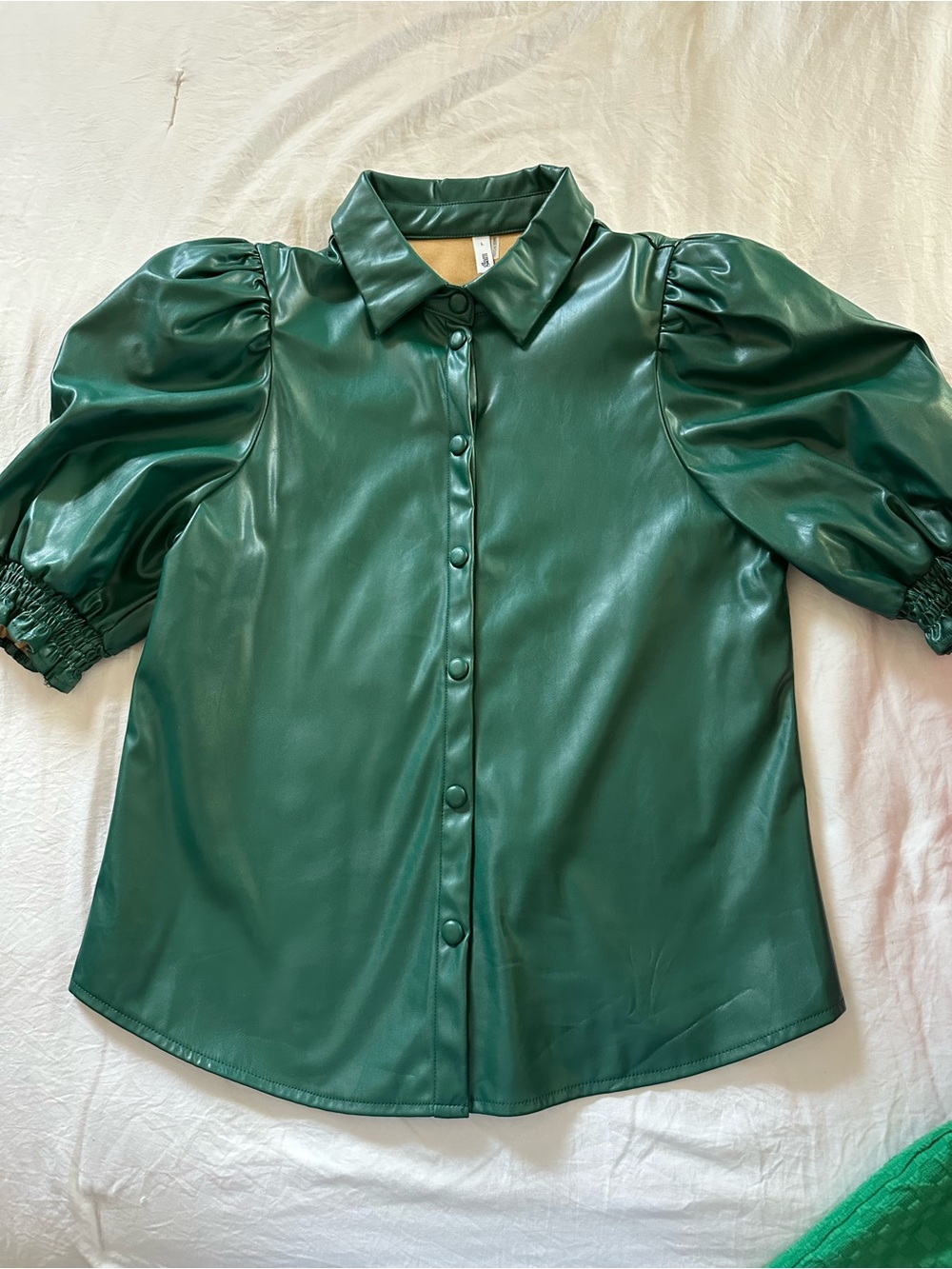 glam Green Faux Leather Puff Sleeve Button-Down Shirt